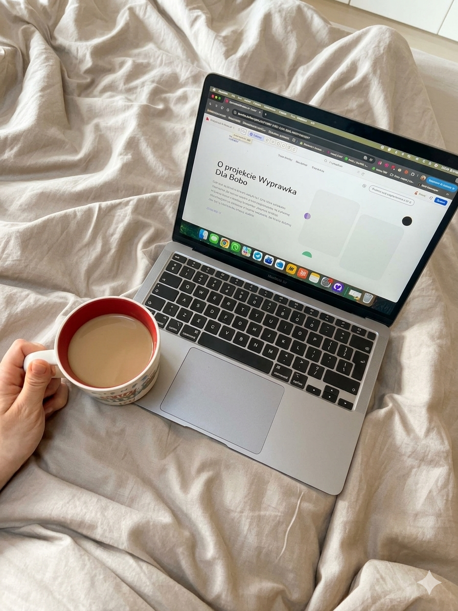 Laptop z otwartą stroną Wyprawka Dla Bobo i kubek kawy – tak powstają nasze materiały